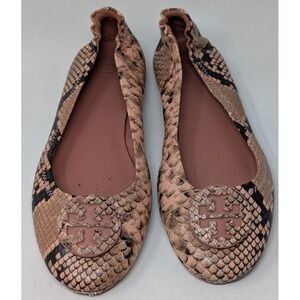 Tory Burch Minnie Travel Pink Snake Print‎ Leather Reva Ballet Flats Size 8.5 M
